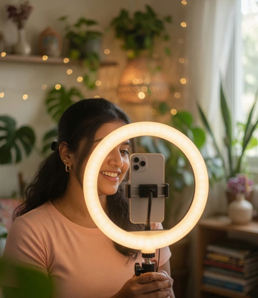 Illustrative scene of a content creator filming with a phone and ring light